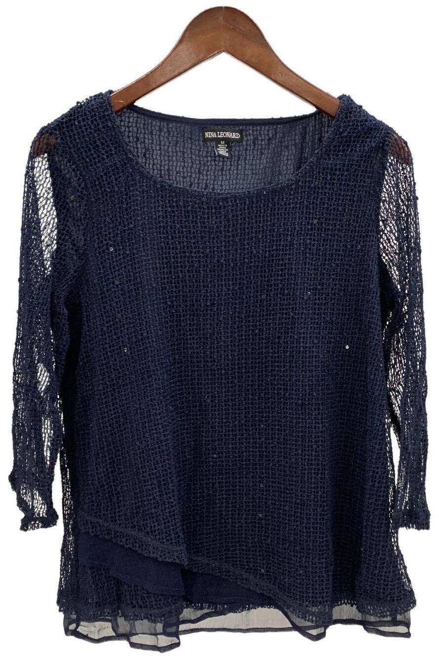 Nina Leonard Women's Novelty Sequin Open Knit Top Navy - Plus